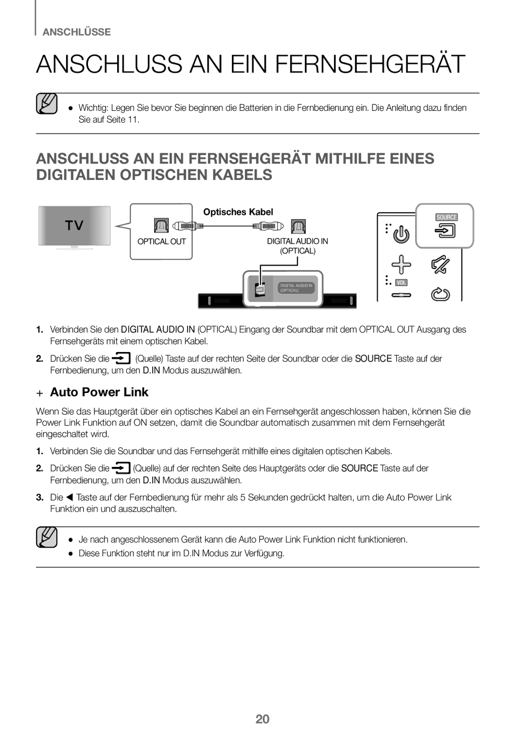 Samsung HW-K360/XN, HW-K360/EN, HW-K360/ZF manual Anschluss AN EIN Fernsehgerät, Optisches Kabel 