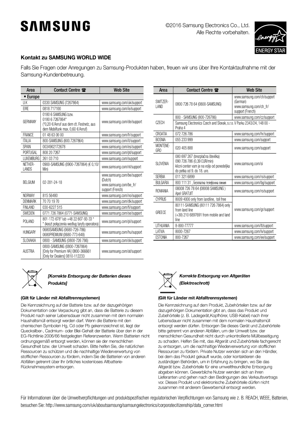 Samsung HW-K360/EN, HW-K360/ZF, HW-K360/XN Kontakt zu Samsung World Wide, Korrekte Entsorgung der Batterien dieses Produkts 