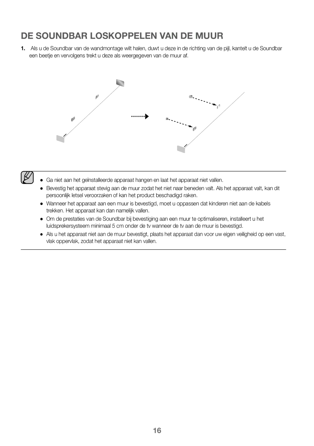 Samsung HW-K360/ZF, HW-K360/EN, HW-K360/XN manual DE Soundbar Loskoppelen VAN DE Muur 