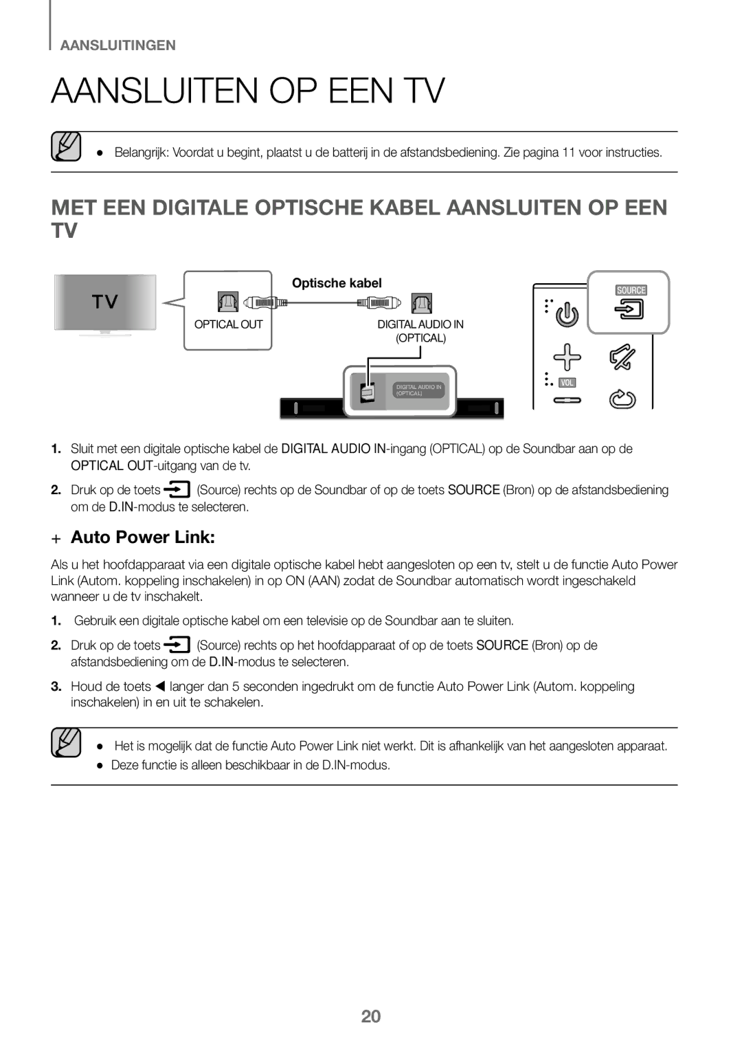 Samsung HW-K360/XN, HW-K360/EN, HW-K360/ZF manual MET EEN Digitale Optische Kabel Aansluiten OP EEN TV 