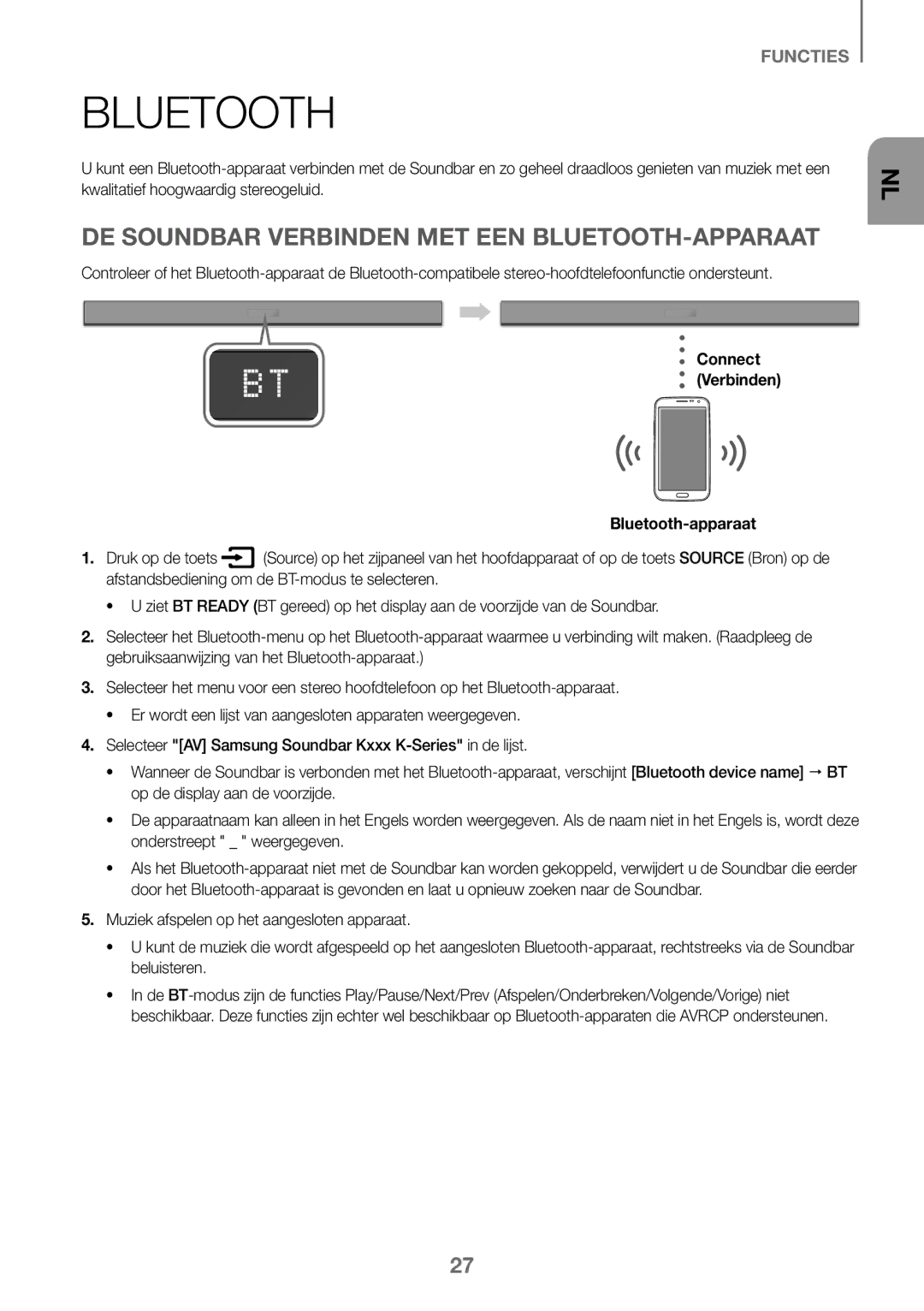 Samsung HW-K360/EN DE Soundbar Verbinden MET EEN BLUETOOTH-APPARAAT, Connect Verbinden Bluetooth-apparaat Druk op de toets 