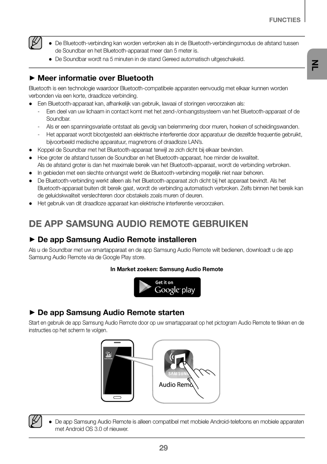 Samsung HW-K360/XN, HW-K360/EN, HW-K360/ZF manual ++Meer informatie over Bluetooth, ++De app Samsung Audio Remote starten 