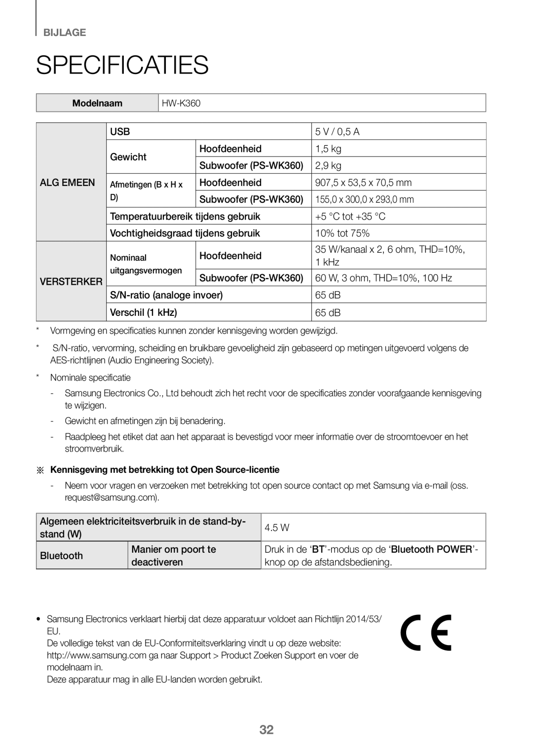 Samsung HW-K360/XN Specificaties, Modelnaam, Aa Kennisgeving met betrekking tot Open Source-licentie, Request@samsung.com 