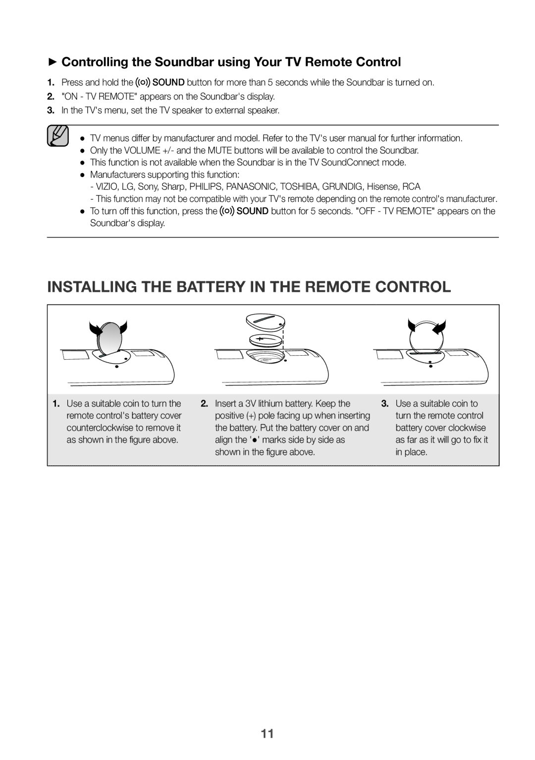 Samsung HW-K360/XN Installing the Battery in the Remote Control, ++Controlling the Soundbar using Your TV Remote Control 