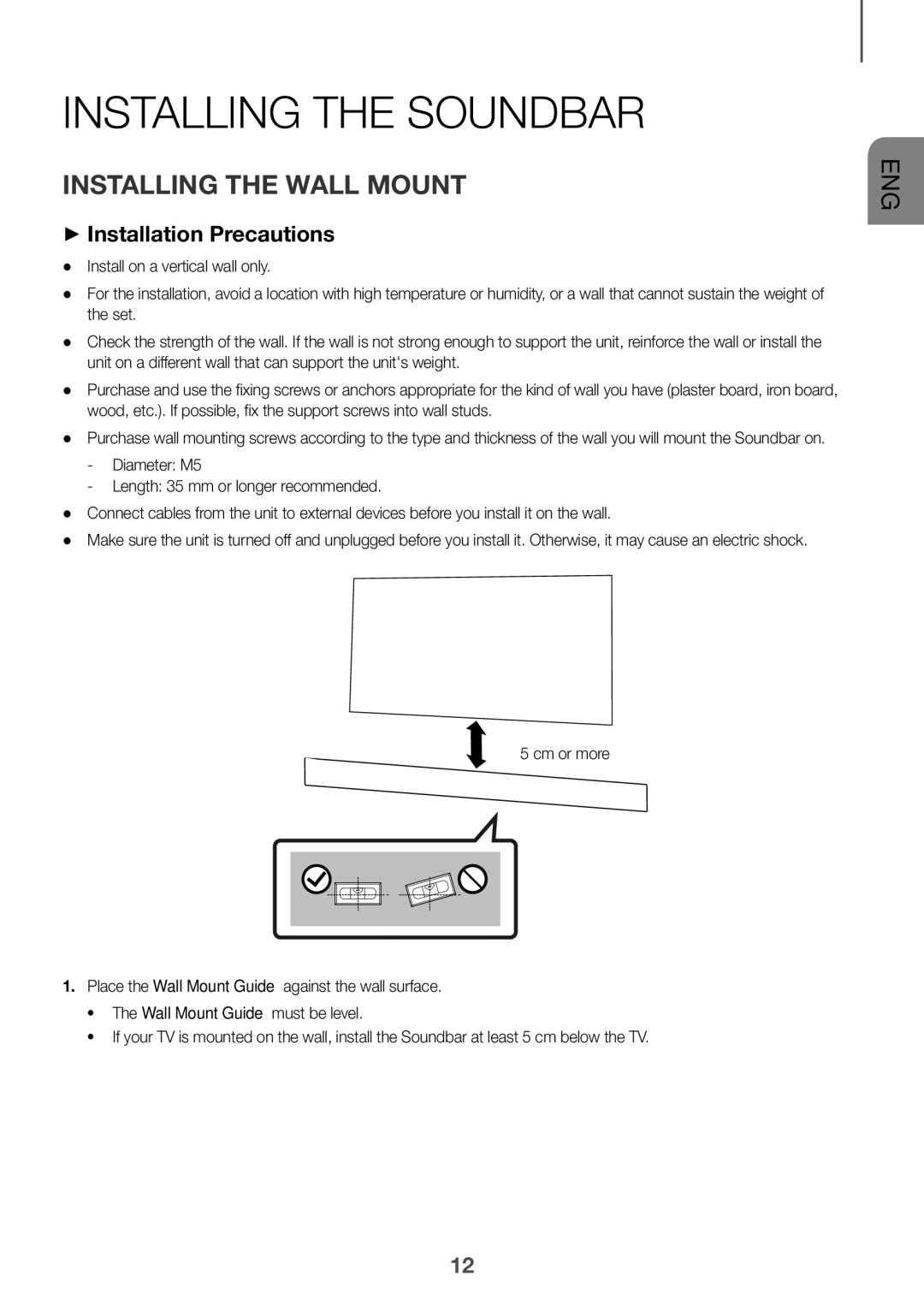 Samsung HW-K360/EN, HW-K360/ZF, HW-K360/XN Installing the Soundbar, Installing the Wall Mount, ++Installation Precautions 