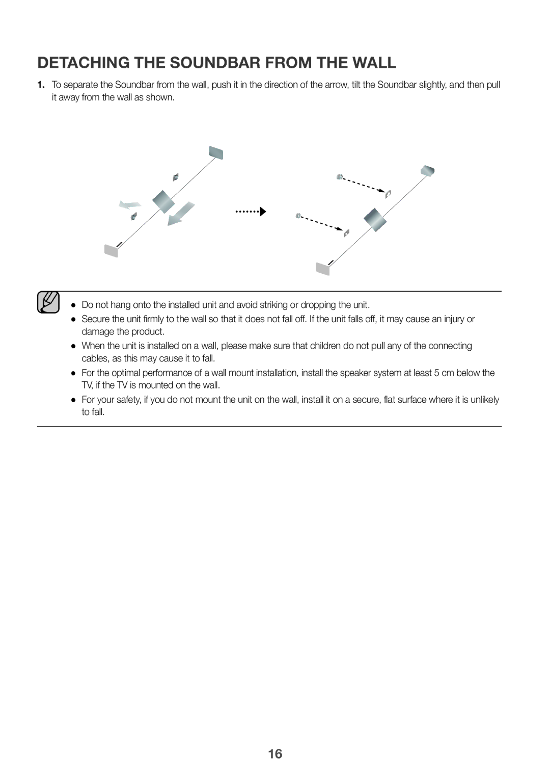 Samsung HW-K360/ZF, HW-K360/EN, HW-K360/XN manual Detaching the Soundbar from the Wall 