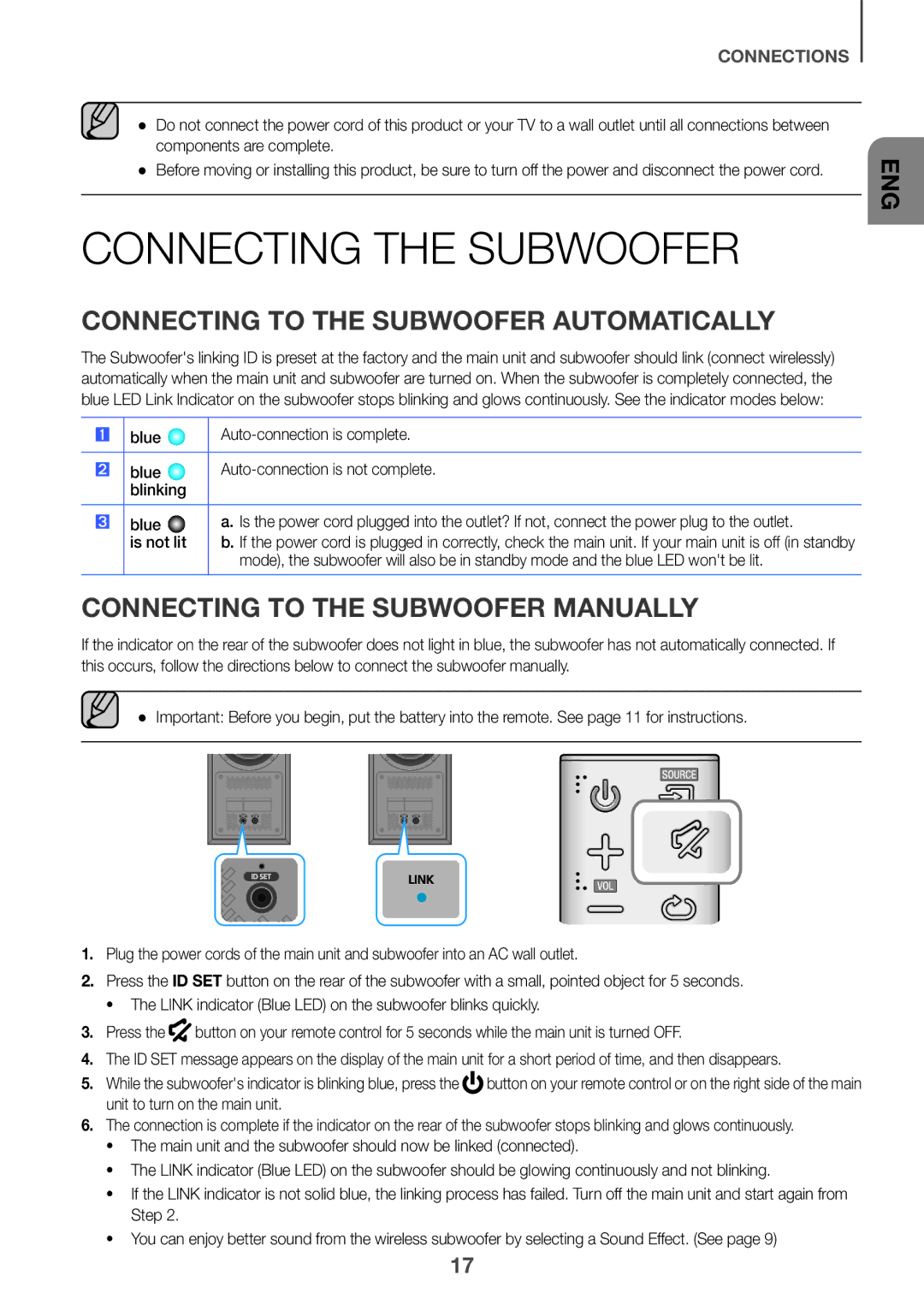 Samsung HW-K360/XN, HW-K360/EN, HW-K360/ZF manual Connecting the Subwoofer, Connecting to the Subwoofer Automatically 