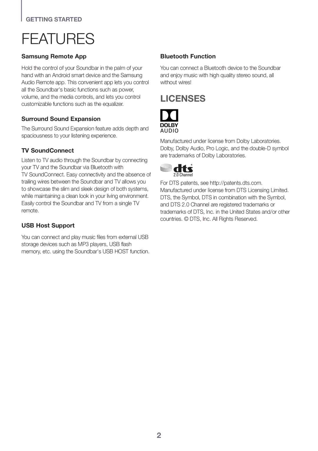 Samsung HW-K360/XN, HW-K360/EN, HW-K360/ZF manual Features, Licenses 