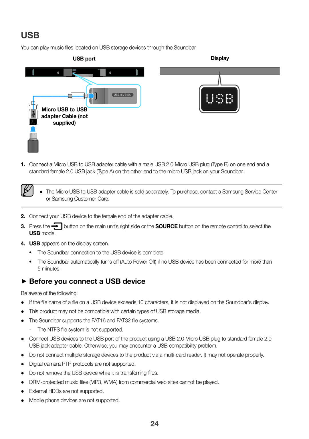 Samsung HW-K360/EN, HW-K360/ZF, HW-K360/XN manual Usb, ++Before you connect a USB device, USB port, Be aware of the following 