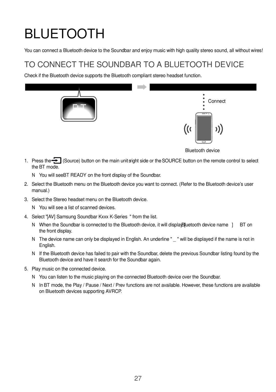 Samsung HW-K360/EN, HW-K360/ZF To Connect the Soundbar to a Bluetooth Device, Connect Bluetooth device Press, BT mode 