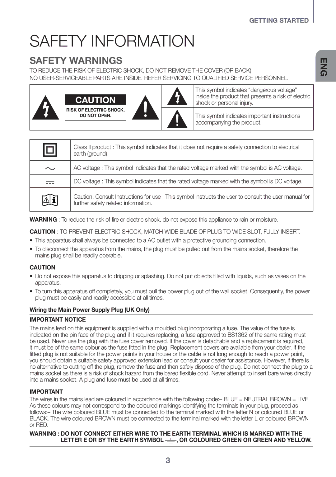 Samsung HW-K360/EN, HW-K360/ZF, HW-K360/XN Safety Information, Safety Warnings, Wiring the Main Power Supply Plug UK Only 