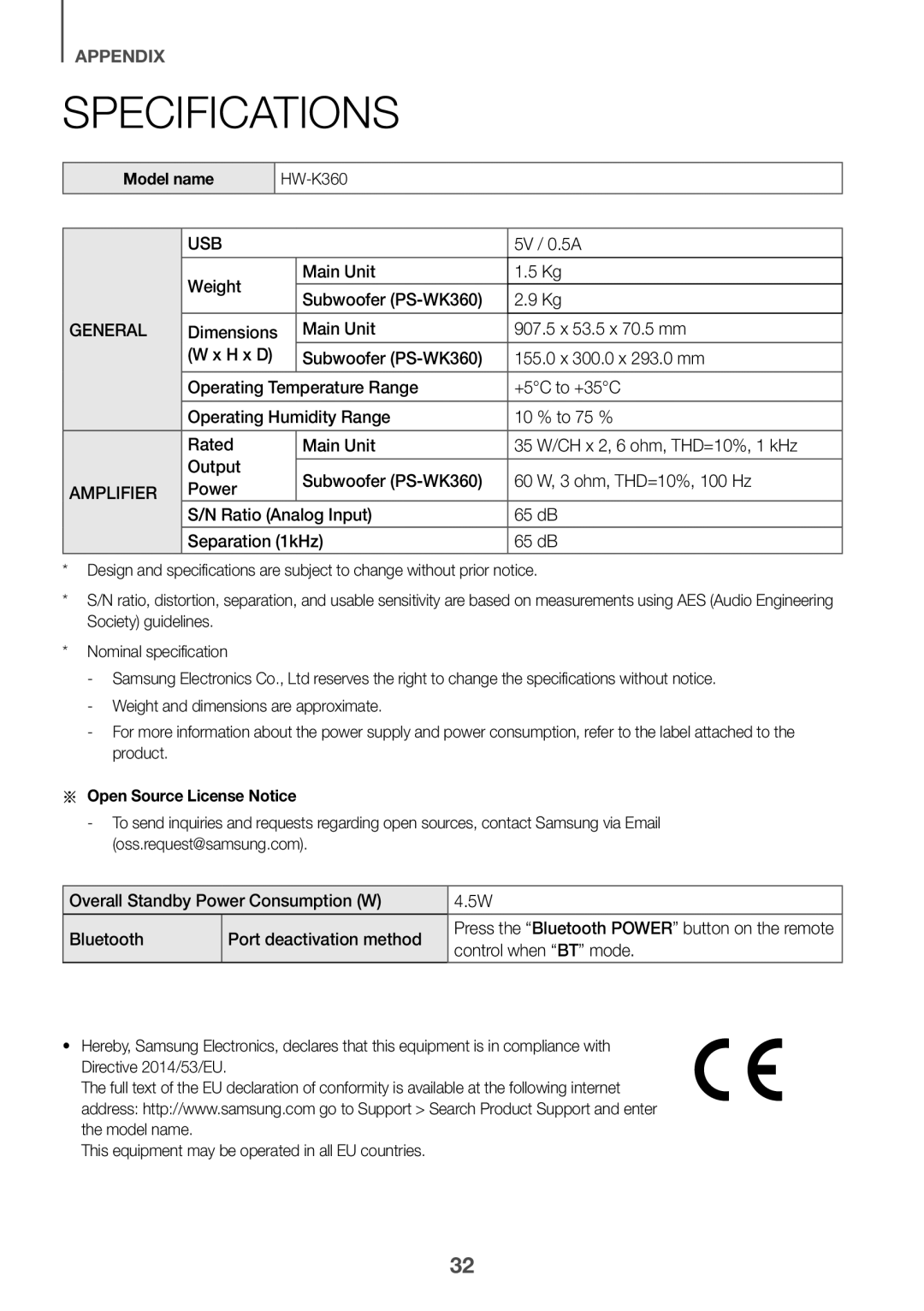 Samsung HW-K360/XN, HW-K360/EN, HW-K360/ZF manual Specifications, Model name, Aa Open Source License Notice 