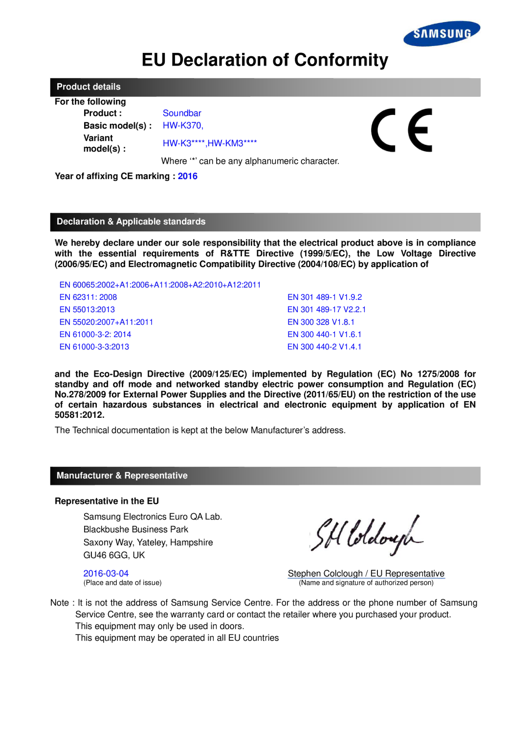 Samsung HW-K360/ZF, HW-K360/EN manual EU Declaration of Conformity, Product details, Declaration & Applicable standards 