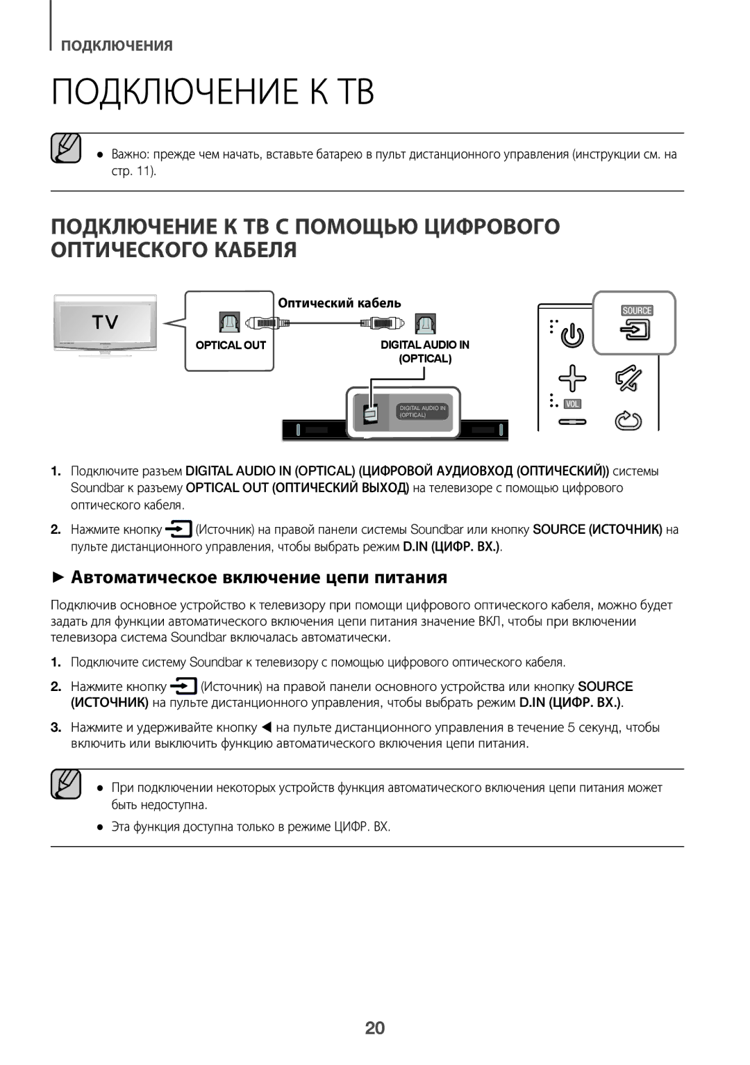 Samsung HW-K360/RU Подключение К ТВ С Помощью Цифрового Оптического Кабеля, ++Автоматическое включение цепи питания 