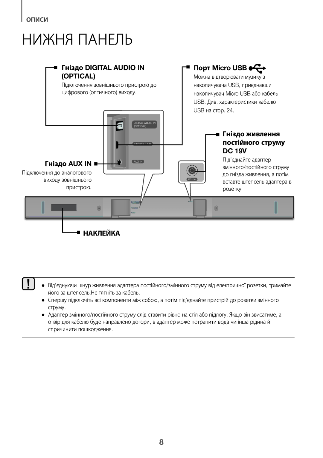 Samsung HW-K360/RU manual Нижня Панель, Підключення до аналогового виходу зовнішнього пристрою 