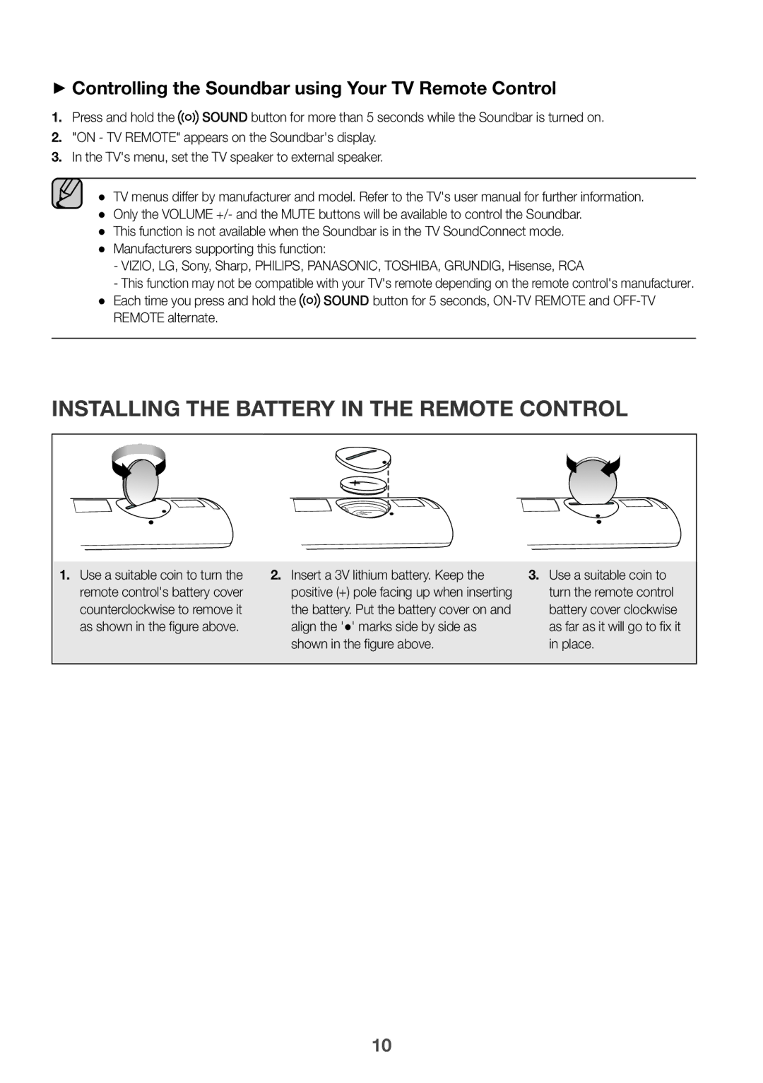 Samsung HW-K360/SQ Installing the Battery in the Remote Control, ++Controlling the Soundbar using Your TV Remote Control 