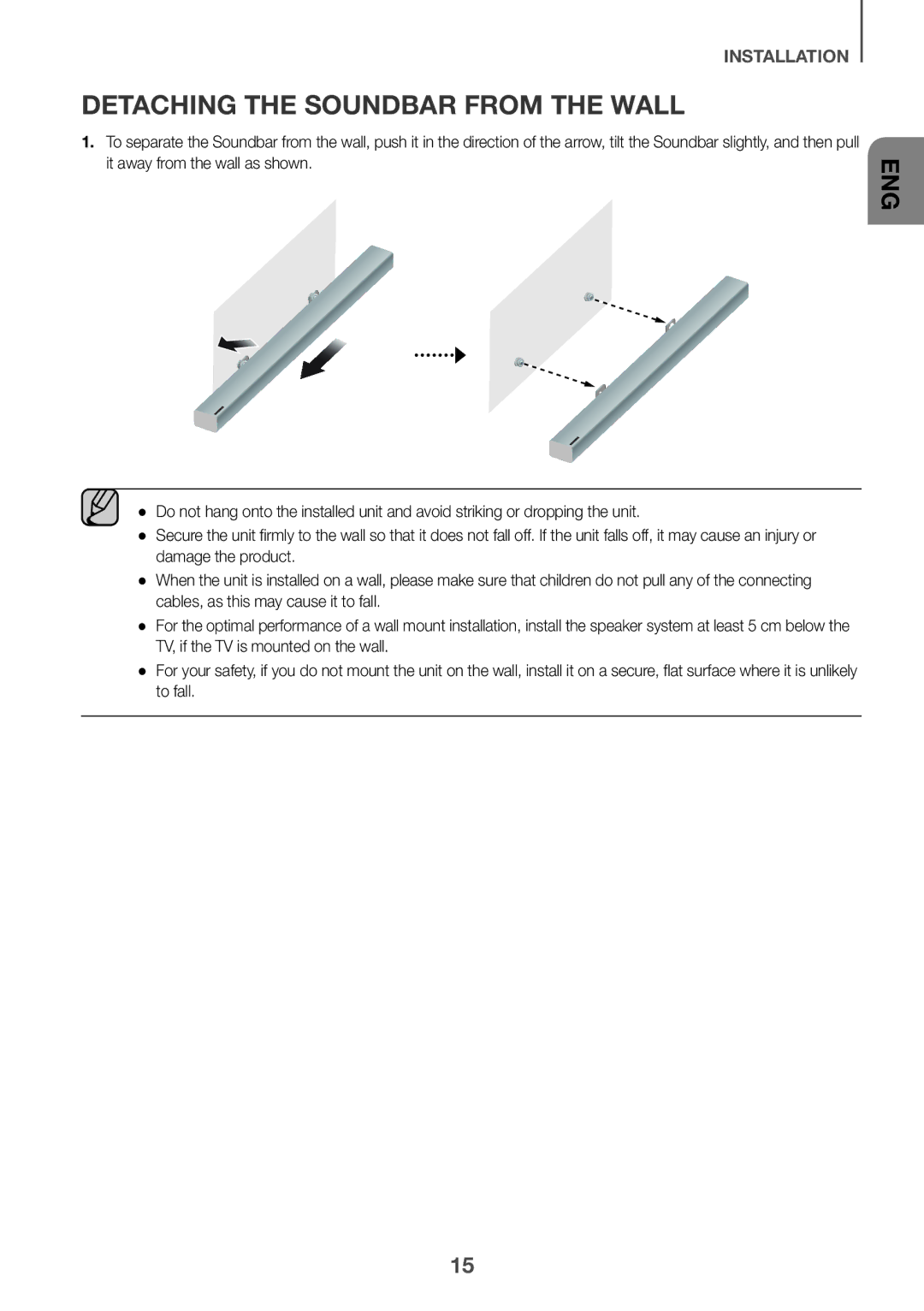 Samsung HW-K360/SQ manual Detaching the Soundbar from the Wall 