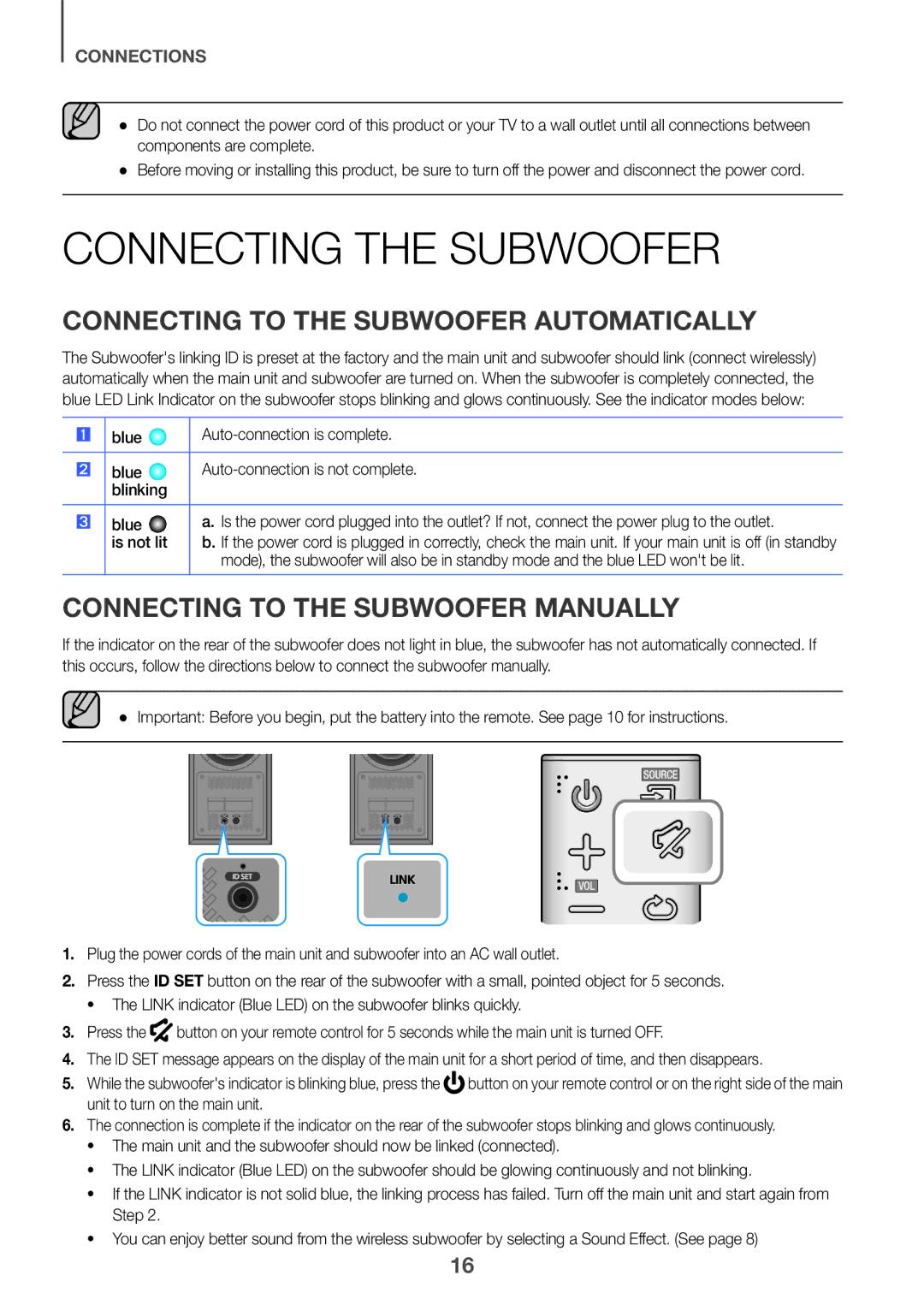 Samsung HW-K360/SQ manual Connecting the Subwoofer, Connecting to the Subwoofer Automatically 