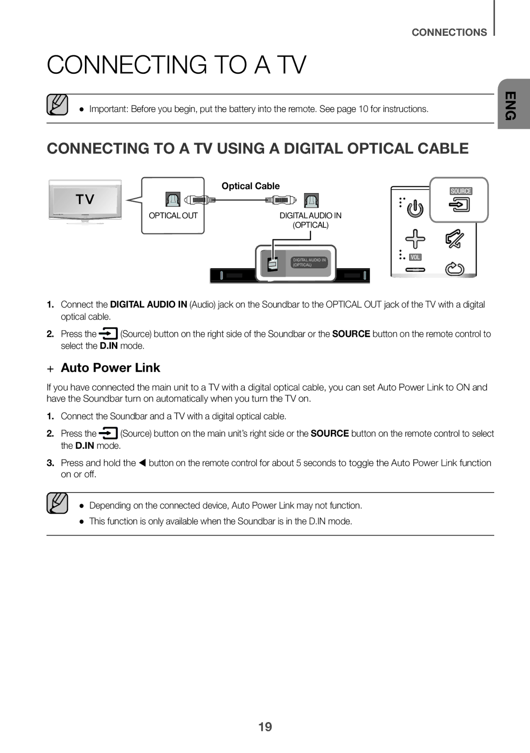 Samsung HW-K360/SQ manual Connecting to a TV Using a Digital Optical Cable, ++Auto Power Link 