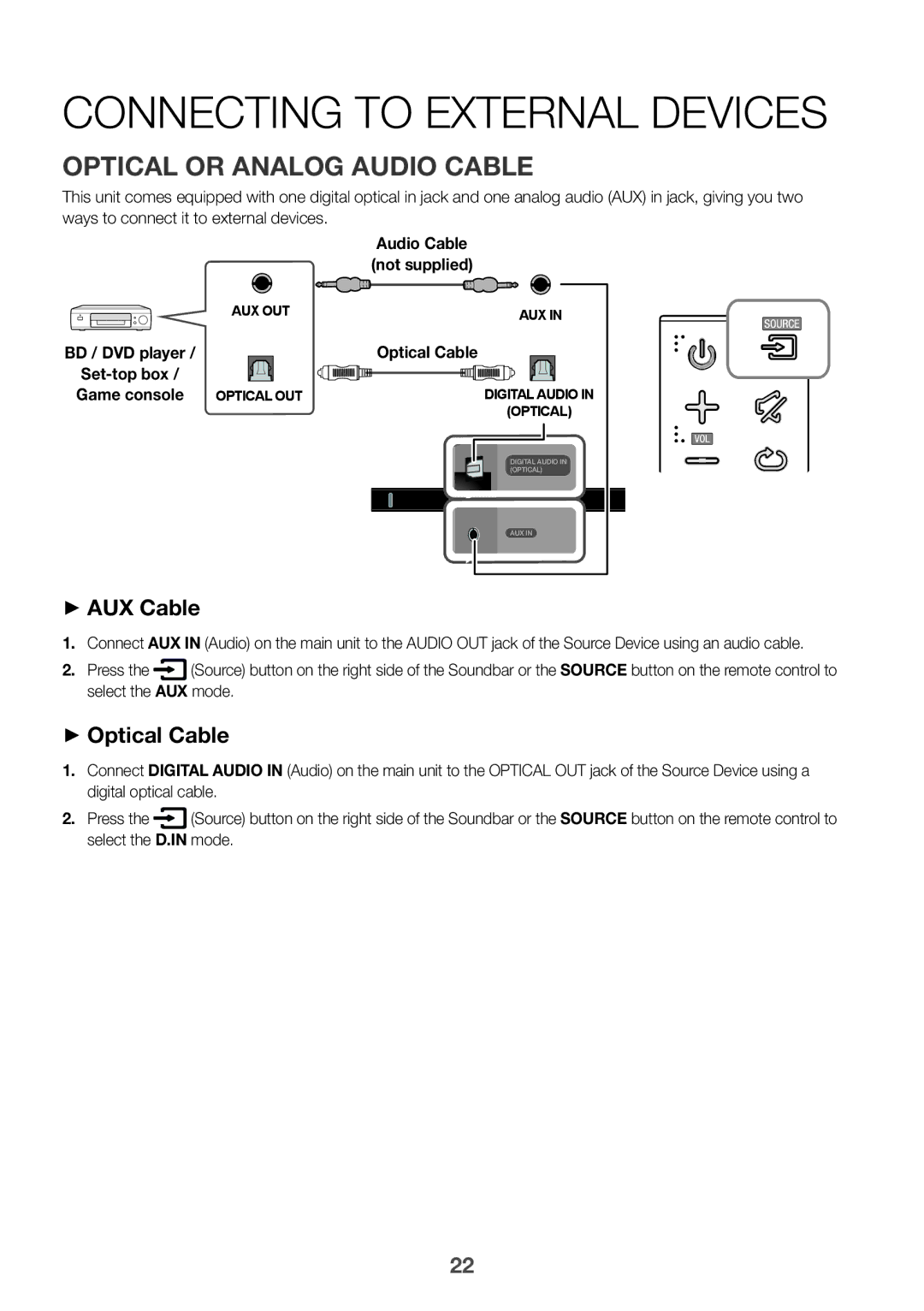 Samsung HW-K360/SQ manual Connecting to External Devices, Optical or Analog Audio Cable, ++AUX Cable, ++Optical Cable 