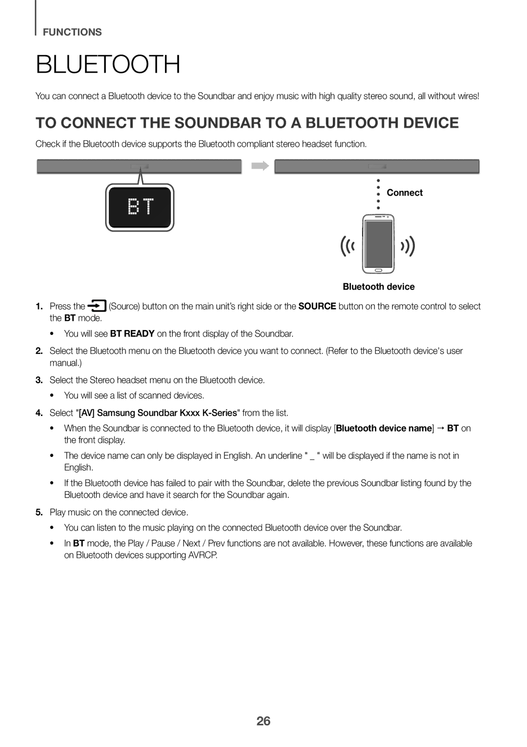 Samsung HW-K360/SQ manual To Connect the Soundbar to a Bluetooth Device, Connect Bluetooth device 