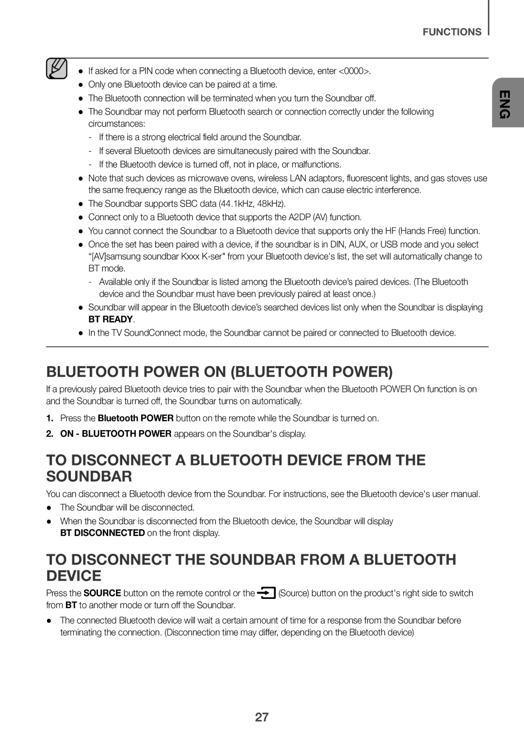 Samsung HW-K360/SQ manual Bluetooth Power on Bluetooth Power, To Disconnect a Bluetooth Device from the Soundbar, BT mode 