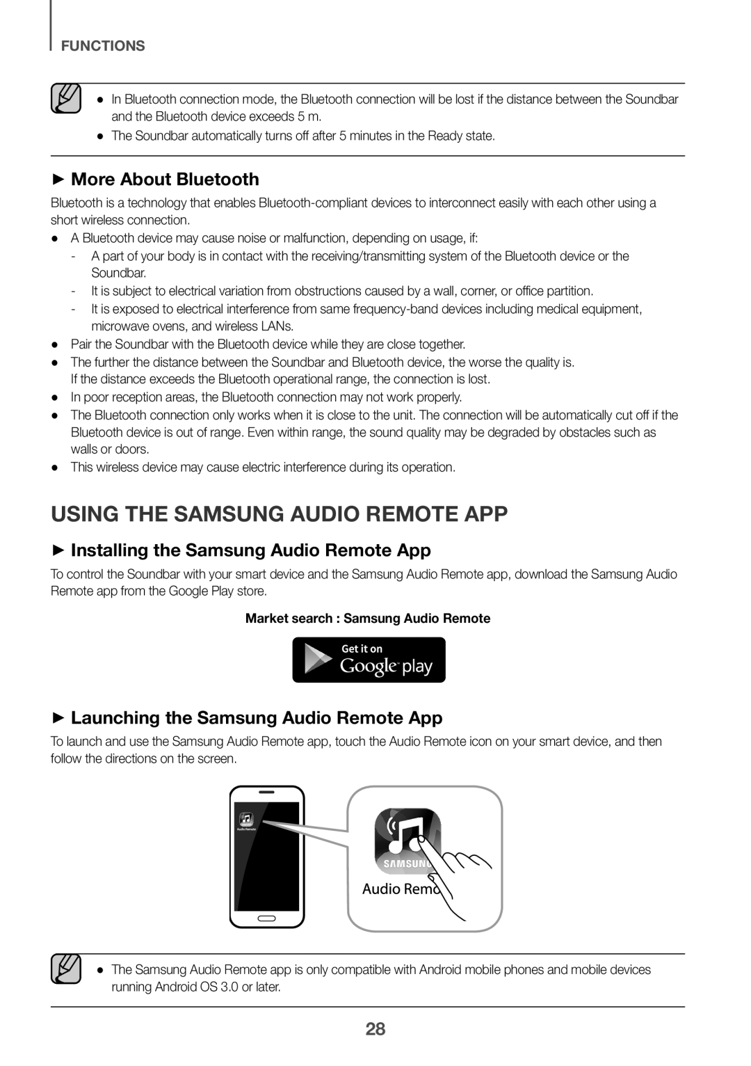 Samsung HW-K360/SQ ++More About Bluetooth, ++Launching the Samsung Audio Remote App, Market search Samsung Audio Remote 