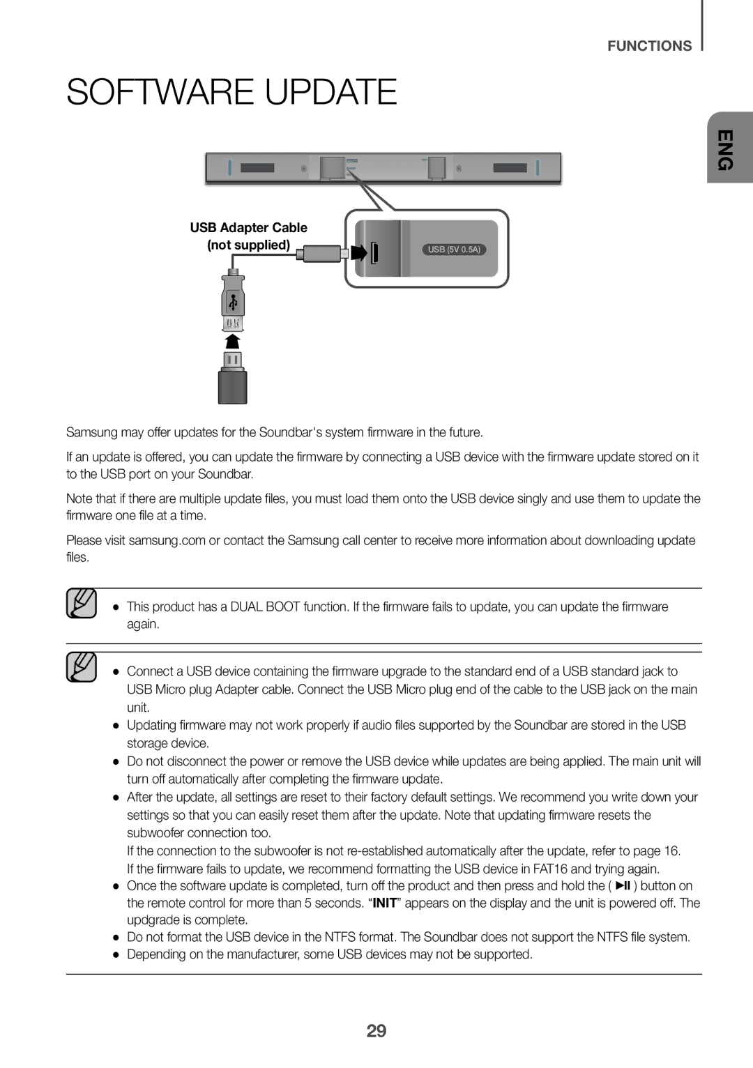 Samsung HW-K360/SQ manual Software Update, USB Adapter Cable Not supplied 