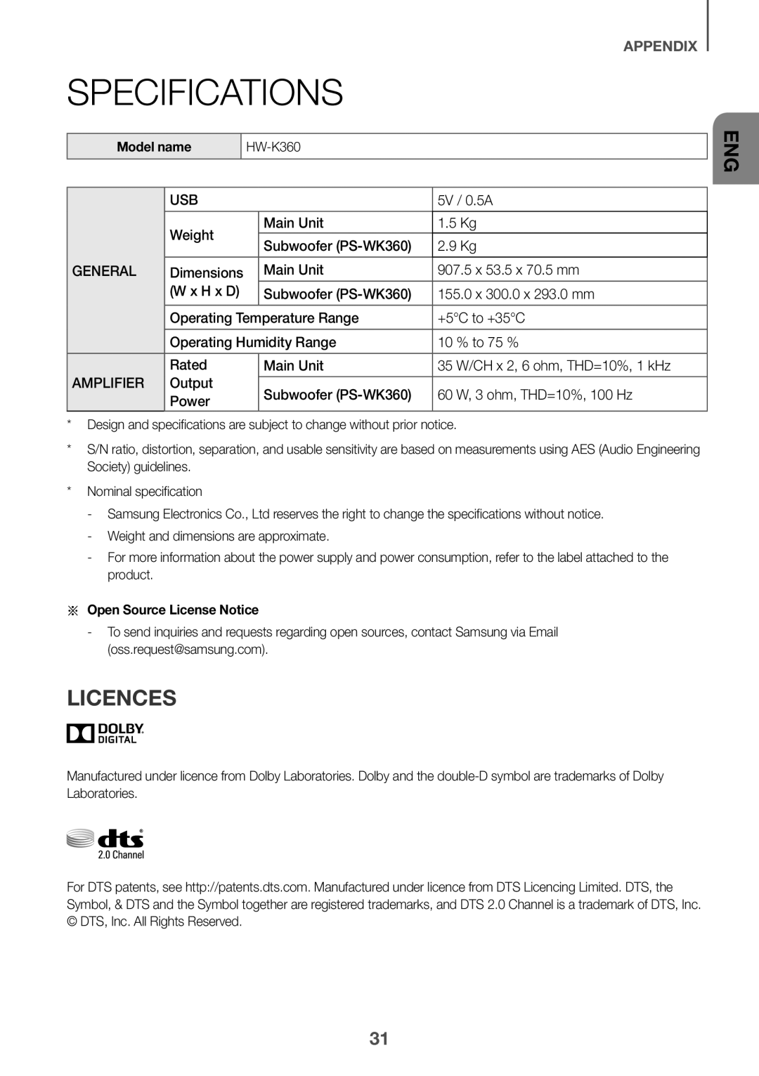 Samsung HW-K360/SQ manual Specifications, Licences, Model name, Aa Open Source License Notice 