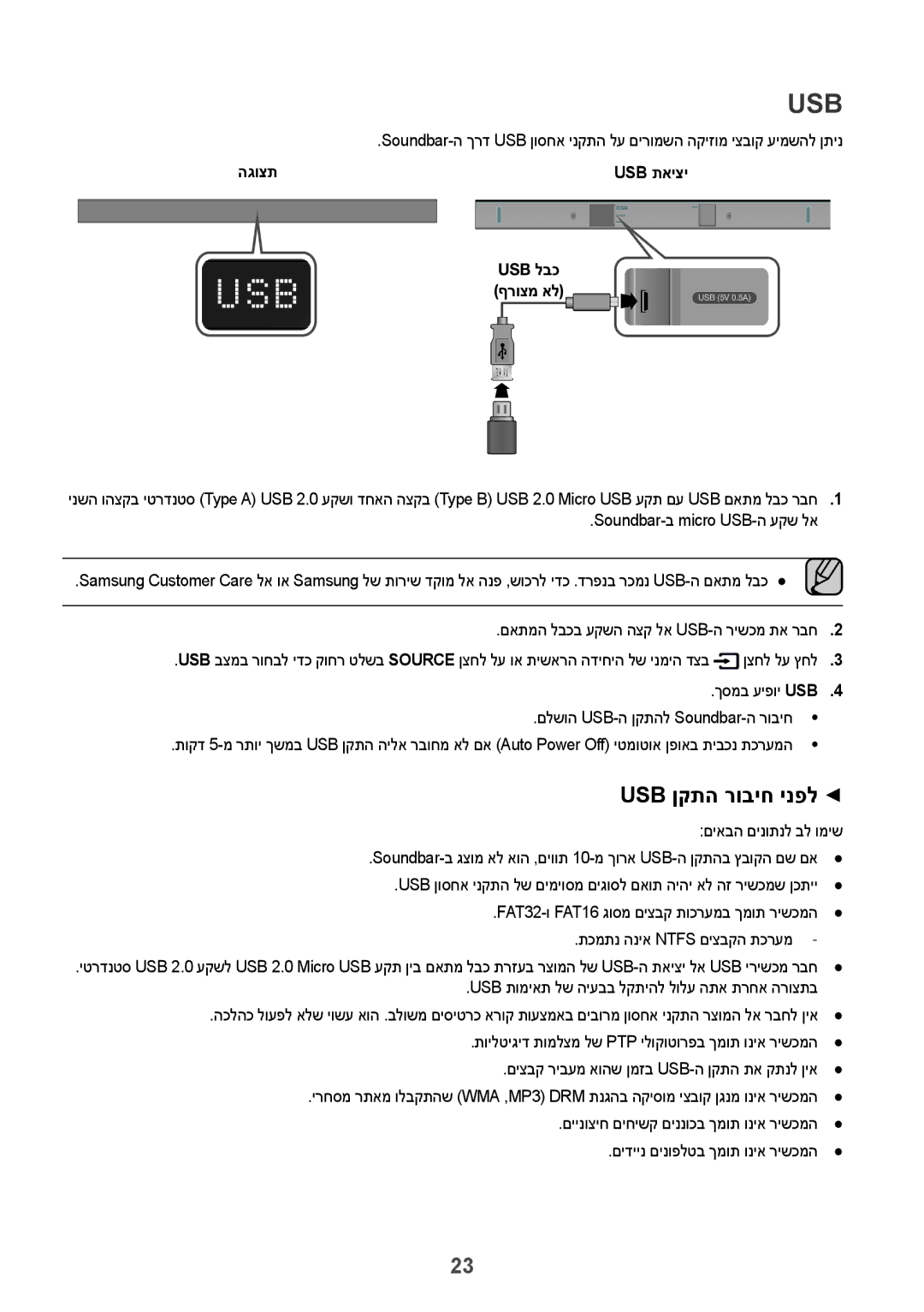 Samsung HW-K360/SQ manual Usb ןקתה רוביח ינפל, הגוצת Usb תאיצי 