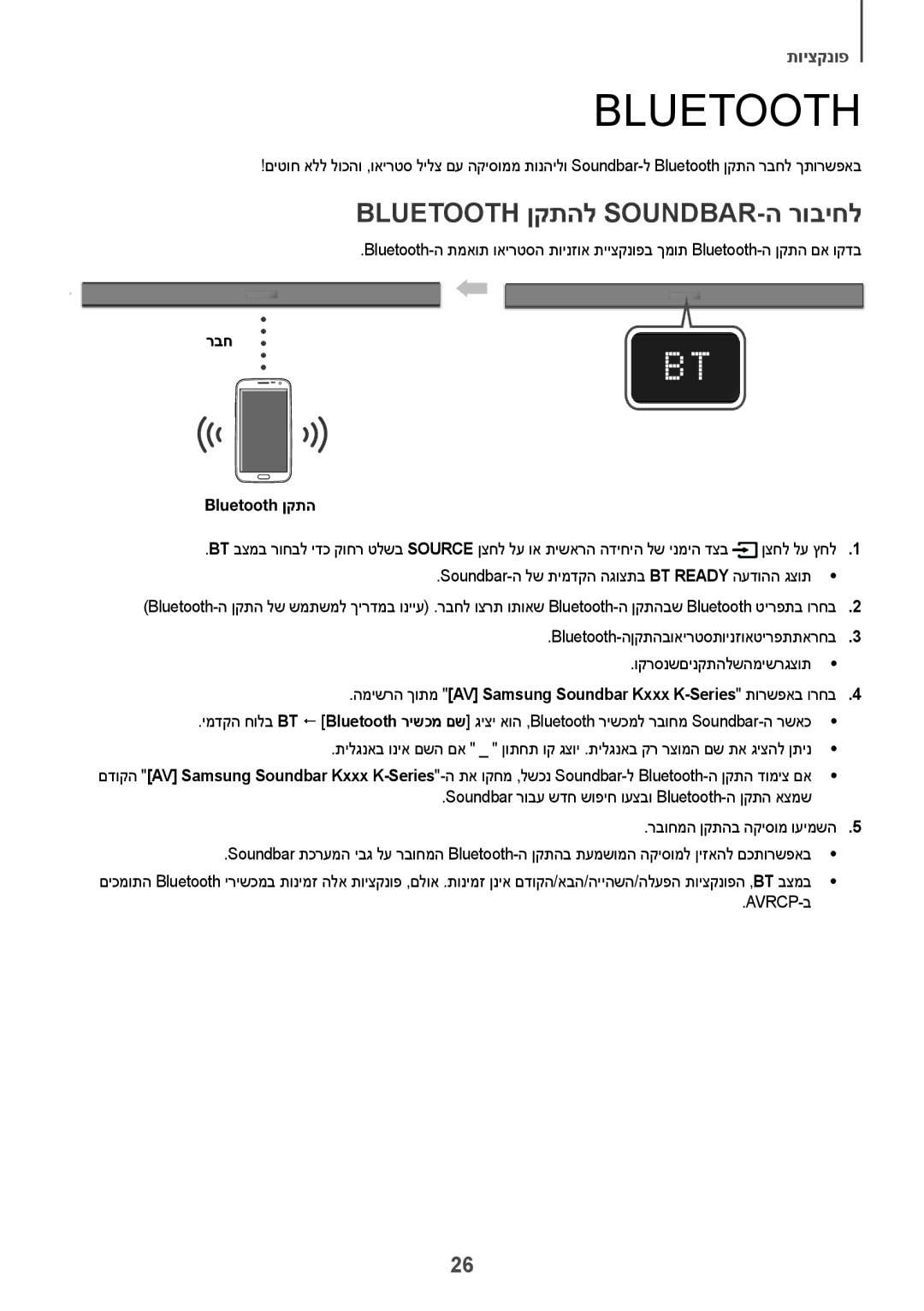 Samsung HW-K360/SQ manual Bluetooth ןקתהל SOUNDBAR-ה רוביחל, רבח Bluetooth ןקתה, Avrcp-ב 