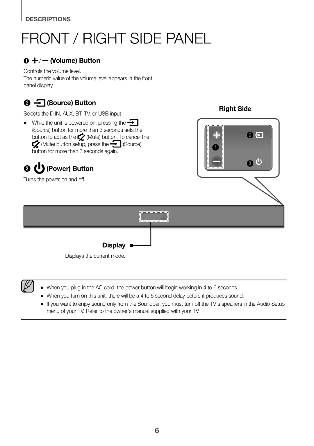 Samsung HW-K360/SQ manual Front / Right Side Panel, Selects the D.IN, AUX, BT, TV, or USB input, Turns the power on and off 