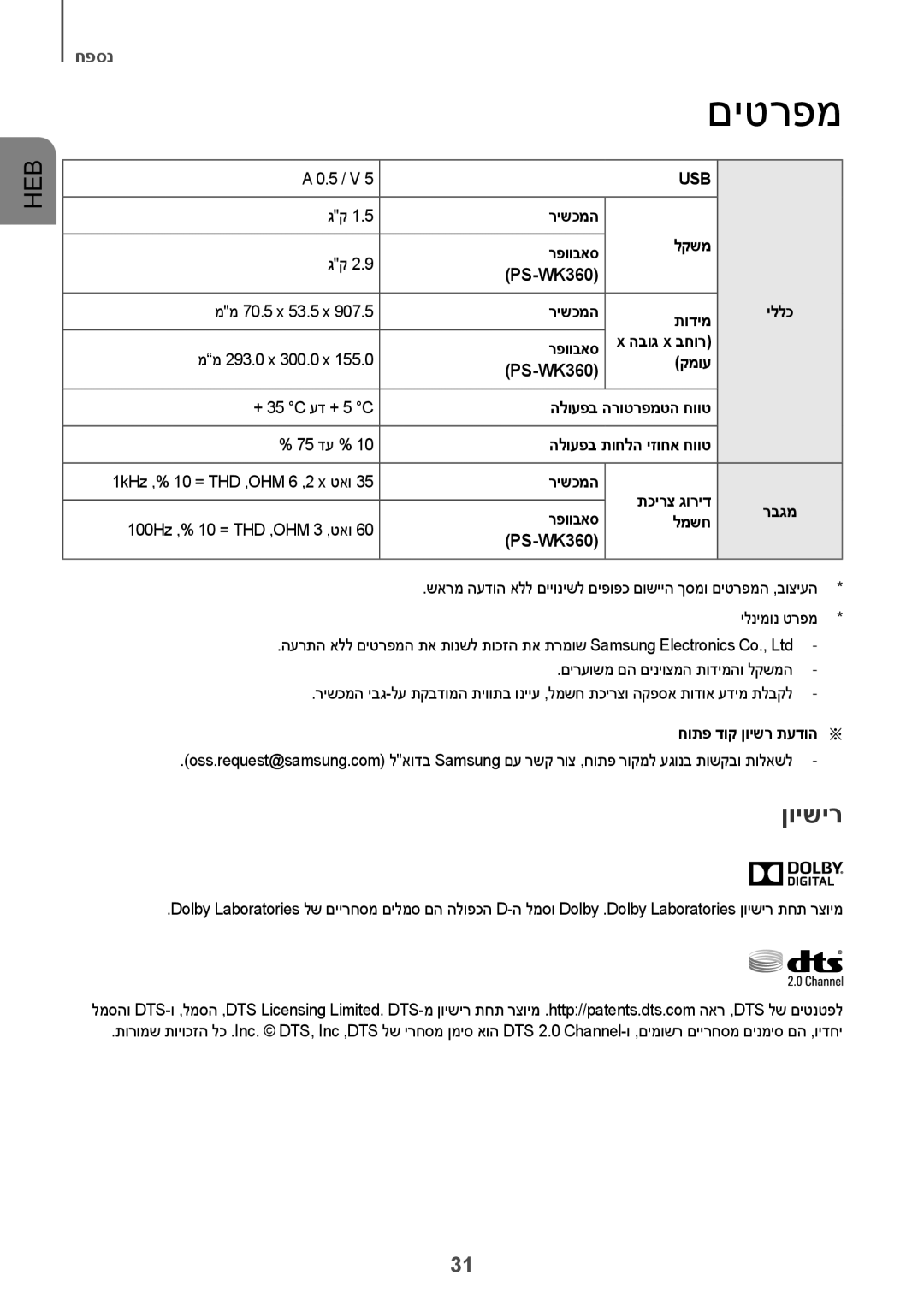 Samsung HW-K360/SQ manual םיטרפמ, ןוישיר 