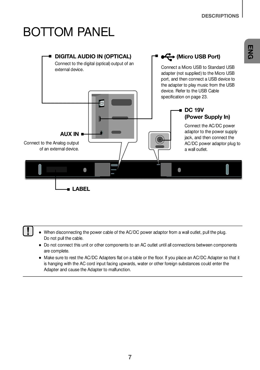 Samsung HW-K360/SQ manual Bottom Panel, Connect to the digital optical output of an external device 