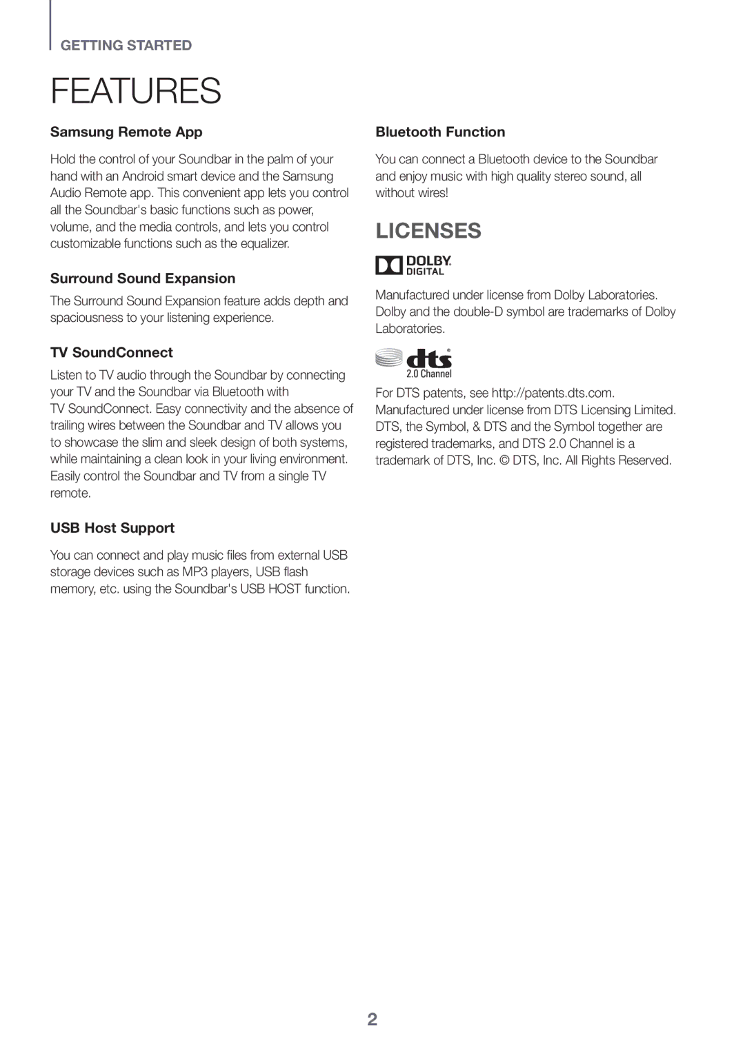 Samsung HW-K360/UM manual Features, Licenses 