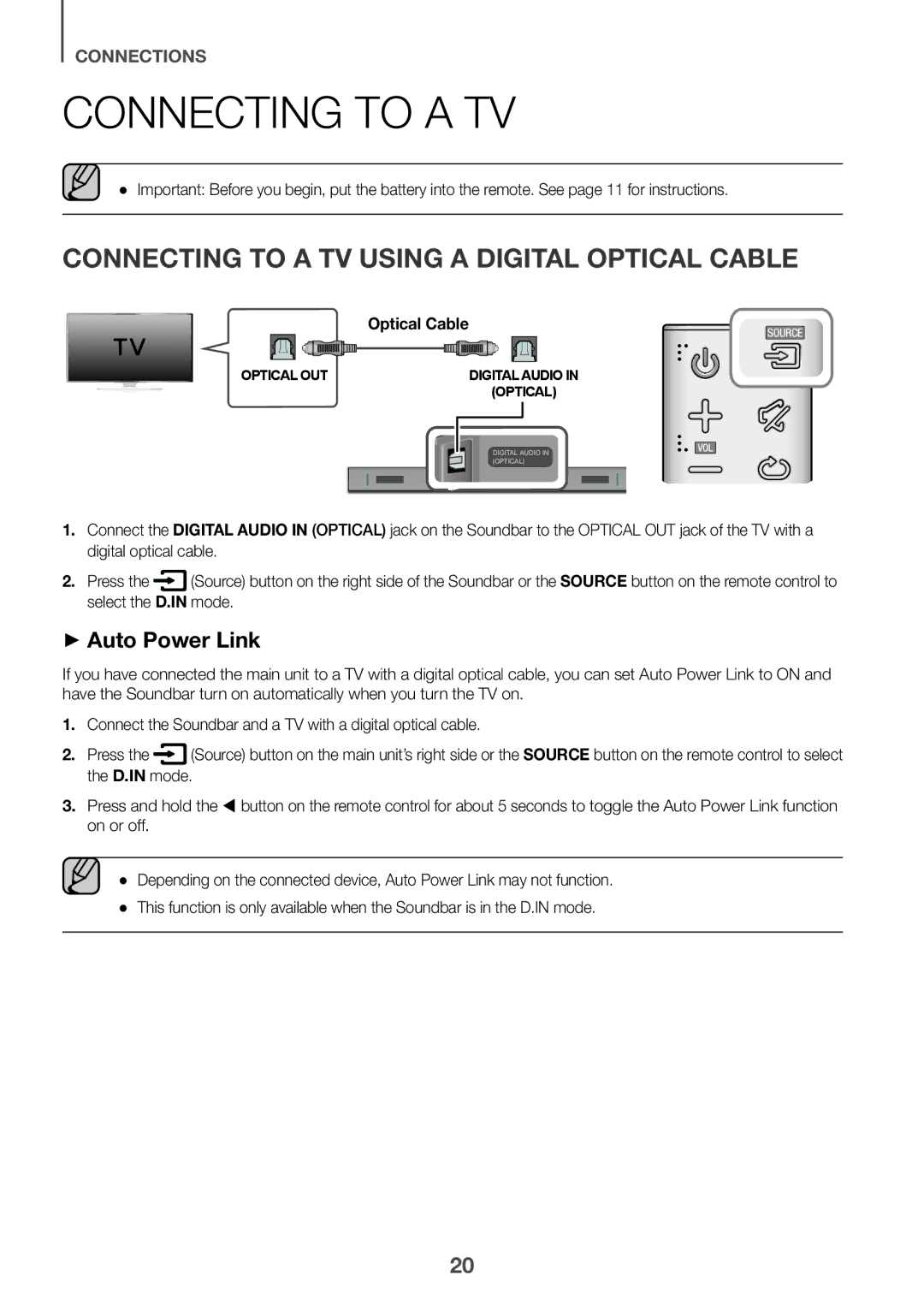 Samsung HW-K360/UM manual Connecting to a TV Using a Digital Optical Cable, ++Auto Power Link 