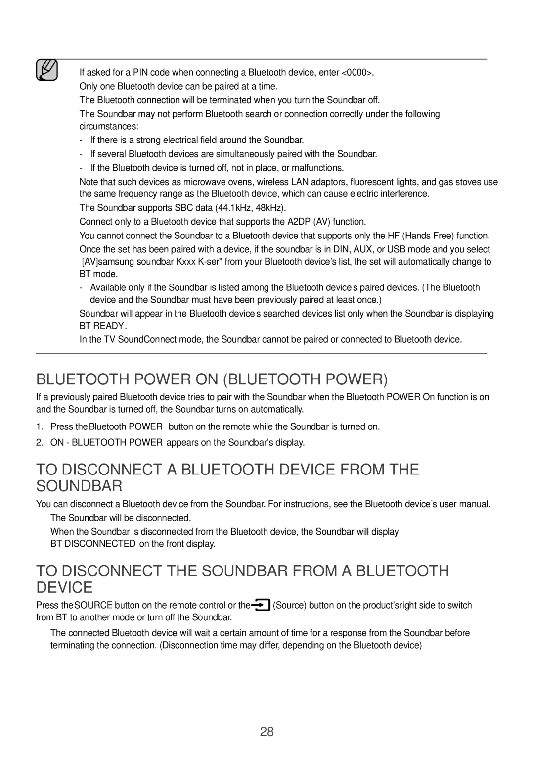 Samsung HW-K360/UM manual Bluetooth Power on Bluetooth Power, To Disconnect a Bluetooth Device from the Soundbar, BT mode 