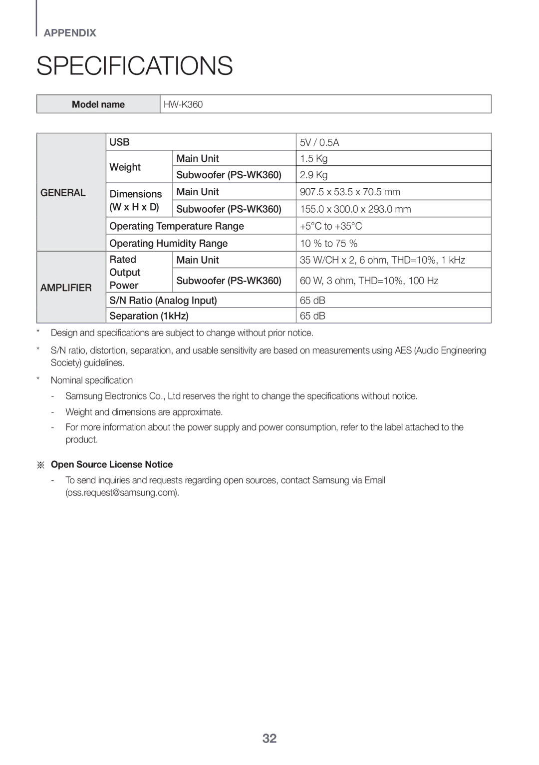 Samsung HW-K360/UM manual Specifications, Model name, Aa Open Source License Notice 