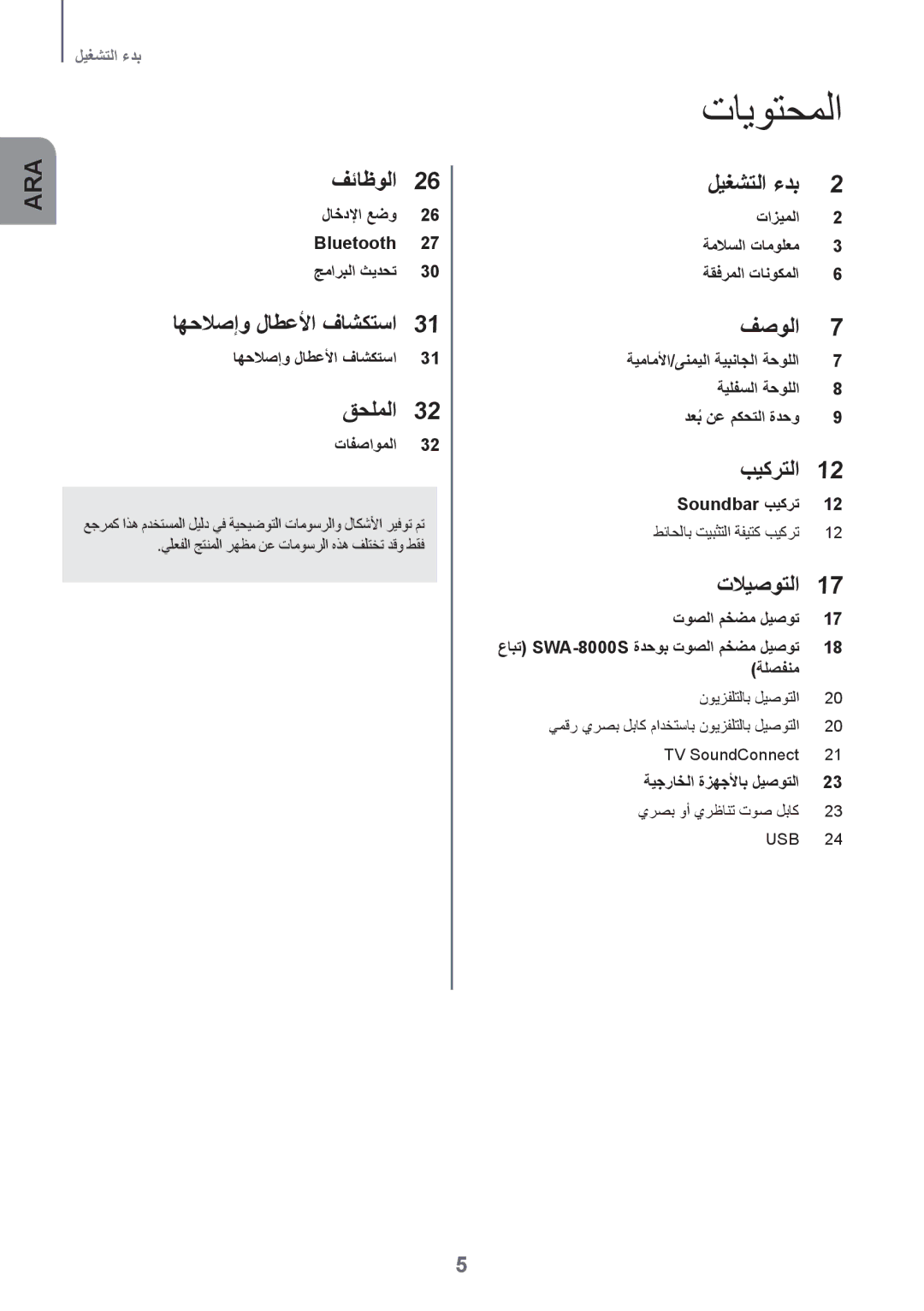 Samsung HW-K360/UM manual تايوتحملا, Bluetooth جماربلا ثيدحت, ةيماملأا/ىنميلا ةيبناجلا ةحوللا 