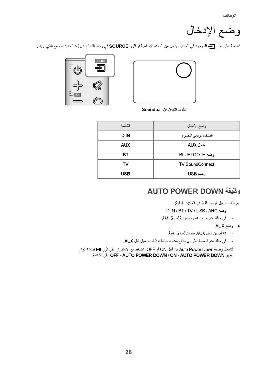 Samsung HW-K360/UM manual لاخدلإا عضو, Auto Power Down ةفيظو, Soundbar نم نميلأا فرطلا 