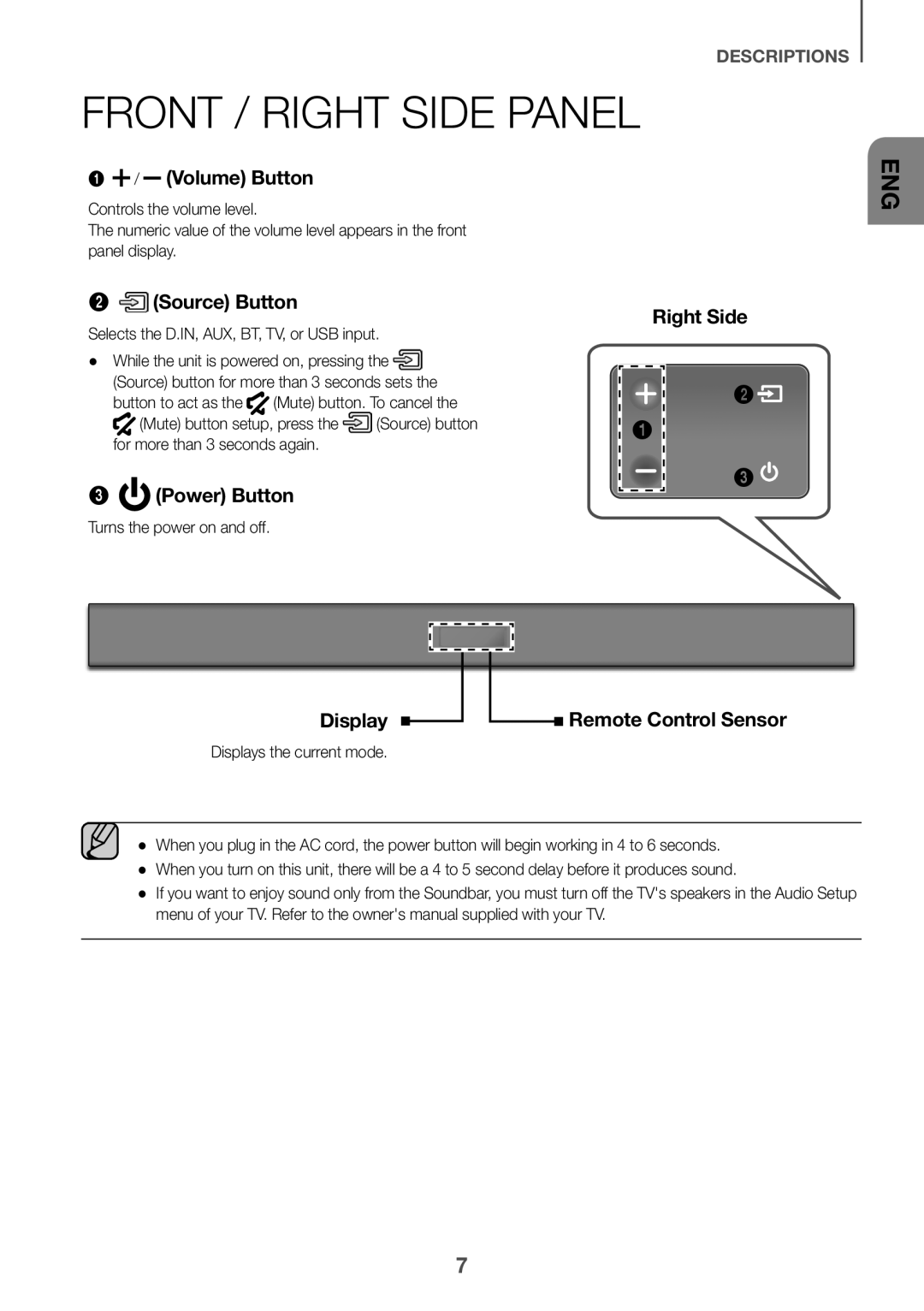 Samsung HW-K360/UM manual Front / Right Side Panel, Selects the D.IN, AUX, BT, TV, or USB input, Turns the power on and off 