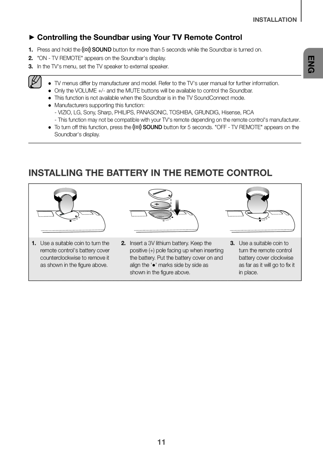 Samsung HW-K360/XV Installing the Battery in the Remote Control, ++Controlling the Soundbar using Your TV Remote Control 