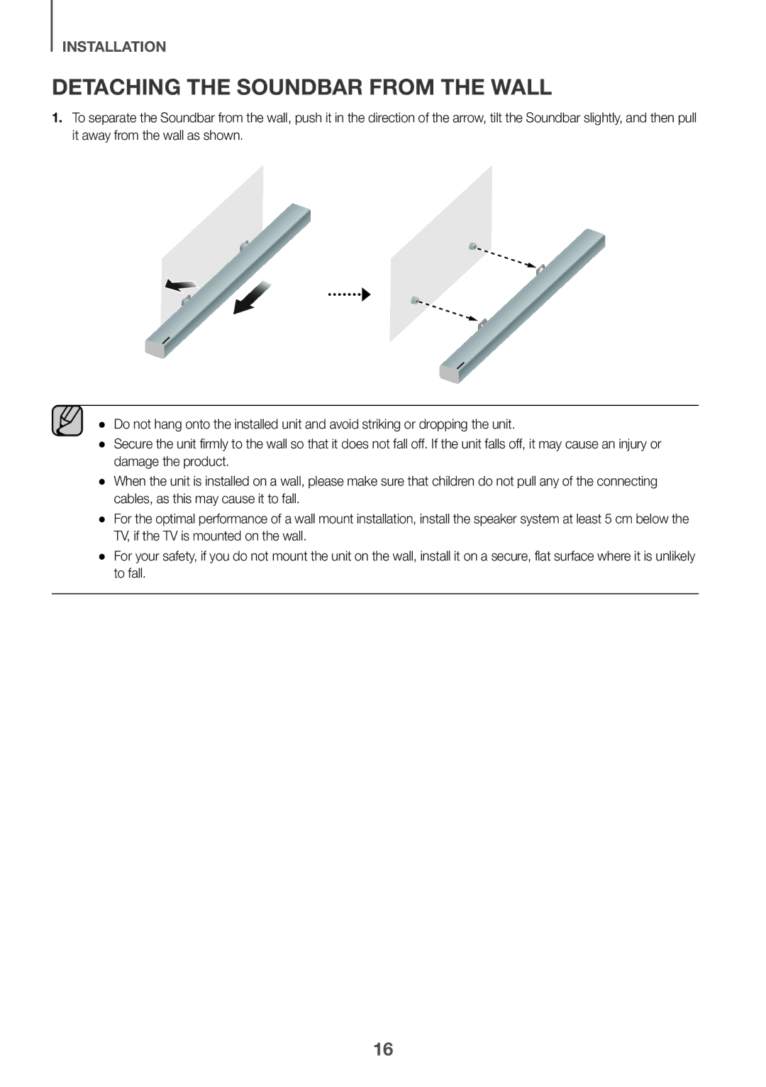 Samsung HW-K360/XV manual Detaching the Soundbar from the Wall 