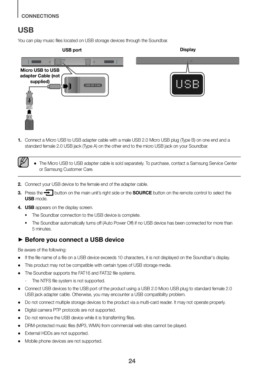 Samsung HW-K360/XV manual Usb, ++Before you connect a USB device, USB port, Be aware of the following 