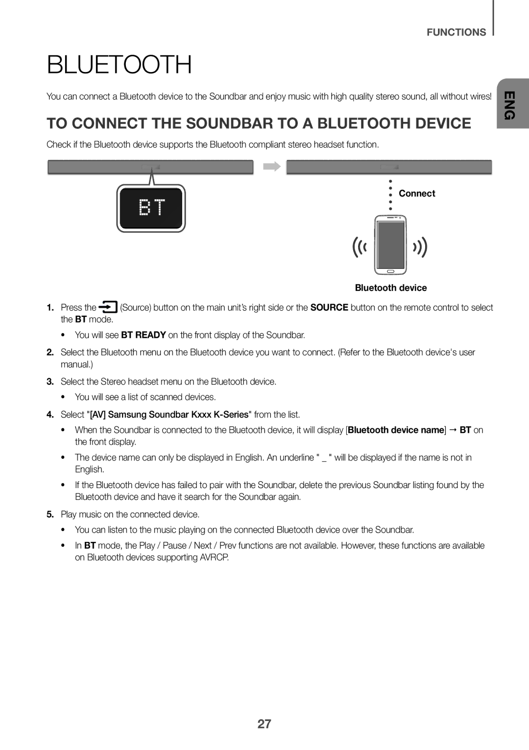 Samsung HW-K360/XV manual To Connect the Soundbar to a Bluetooth Device, Connect Bluetooth device 