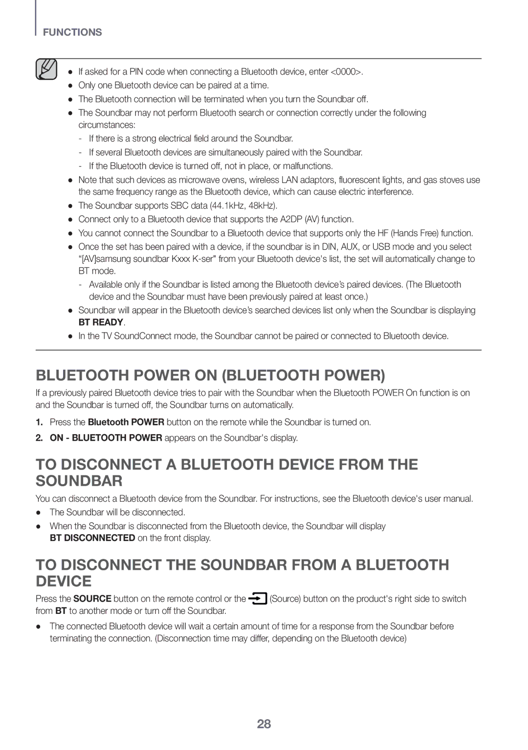 Samsung HW-K360/XV manual Bluetooth Power on Bluetooth Power, To Disconnect a Bluetooth Device from the Soundbar, BT mode 