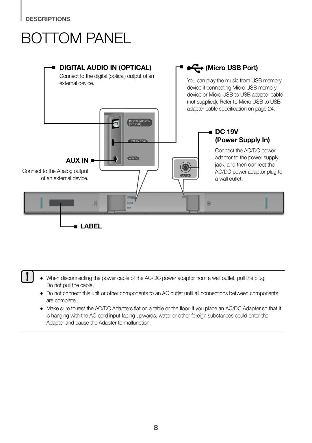 Samsung HW-K360/XV manual Bottom Panel, Connect to the digital optical output of an external device 