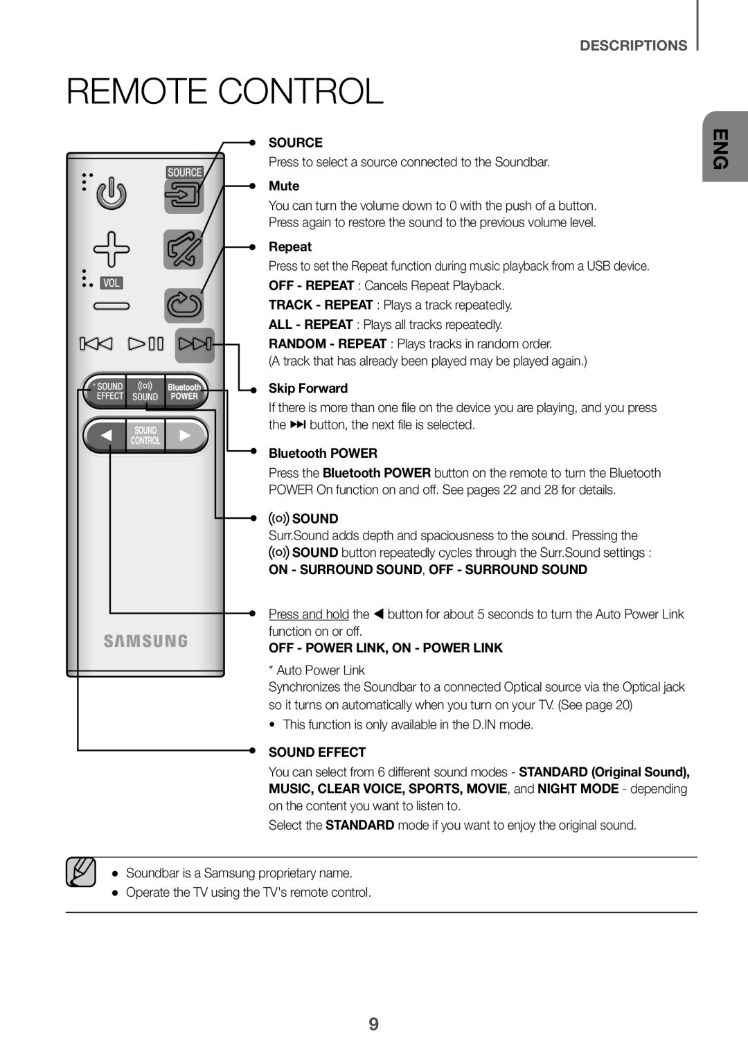 Samsung HW-K360/XV manual Remote Control, Mute, Repeat, Skip Forward, Bluetooth Power 