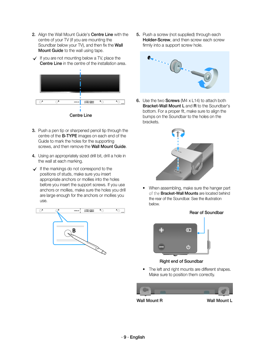 Samsung HW-K360/ZF manual Centre Line, Rear of Soundbar Right end of Soundbar, Wall Mount R Wall Mount L · 9 · English 