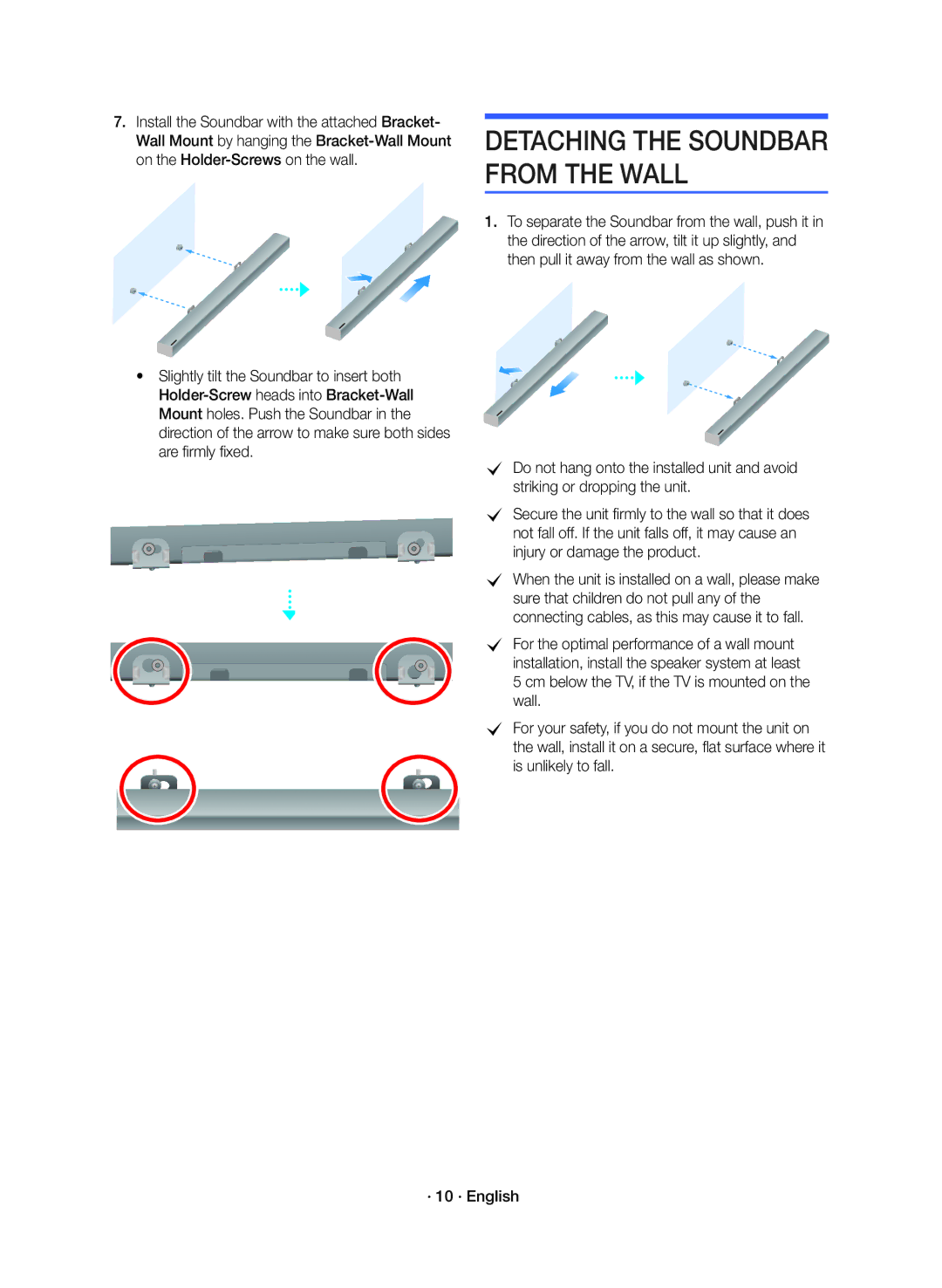 Samsung HW-K360/ZF manual Detaching the Soundbar from the Wall 